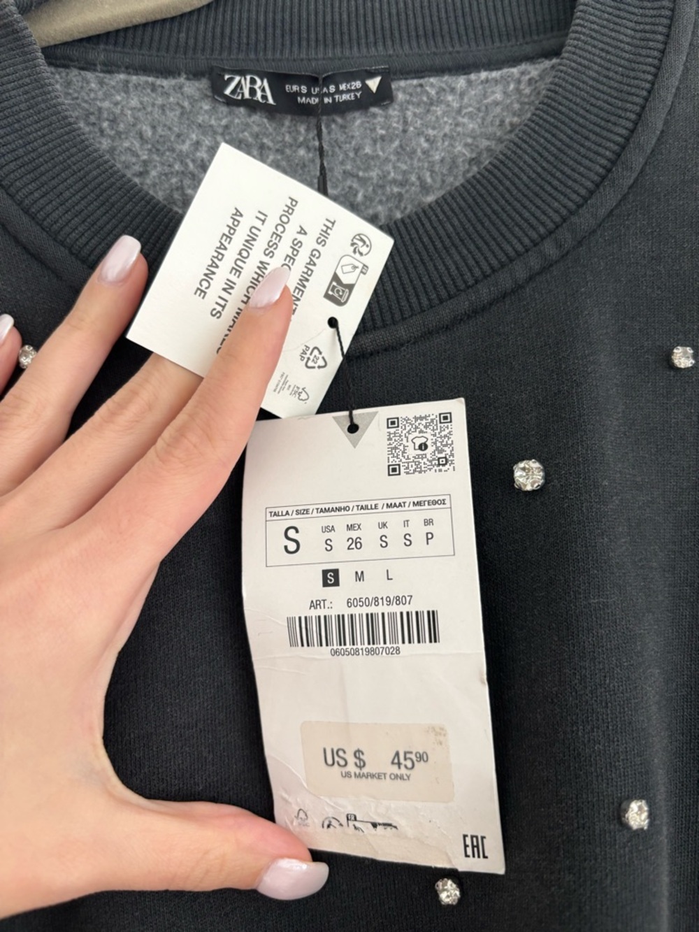 Zara Black Cropped Sweatshirt with Silver Studs - Picture 2 of 2